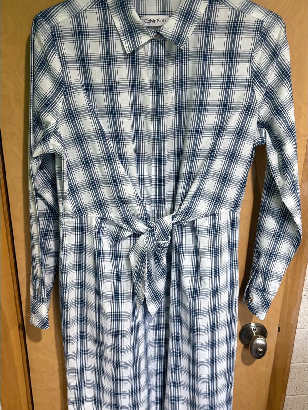 Calvin Klein Navy and White Plaid Tie-Front Long Sleeve Dress